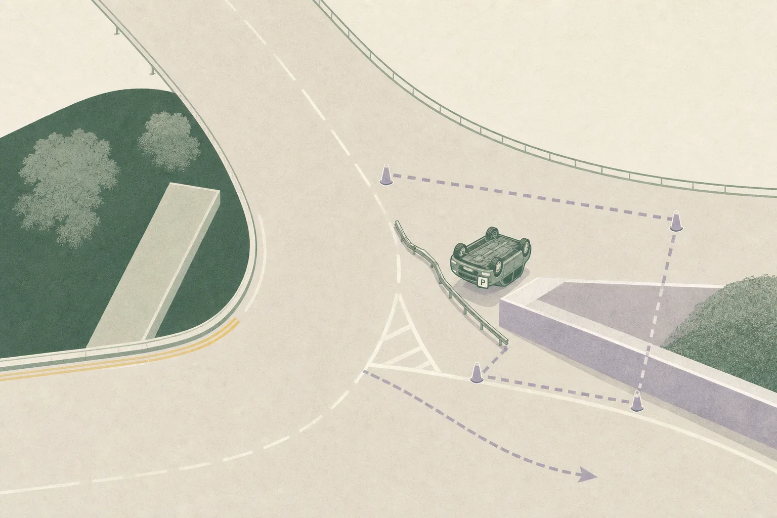 Top-down cut-paper illustration of a Tai Wai road junction with an overturned P-plate car beside a bent central divider and a concrete embankment, enclosed by a simple investigation boundary and tow-away line.