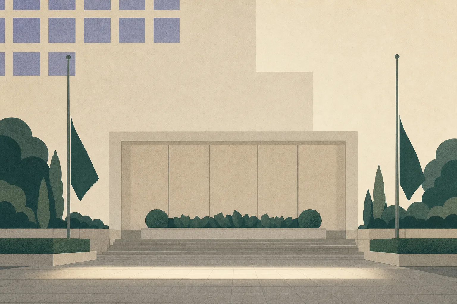 A simplified flat illustration of an empty memorial garden forecourt at Hong Kong City Hall, with a memorial wall, paved threshold, restrained greenery and two lowered flag shapes arranged around a quiet band of light.