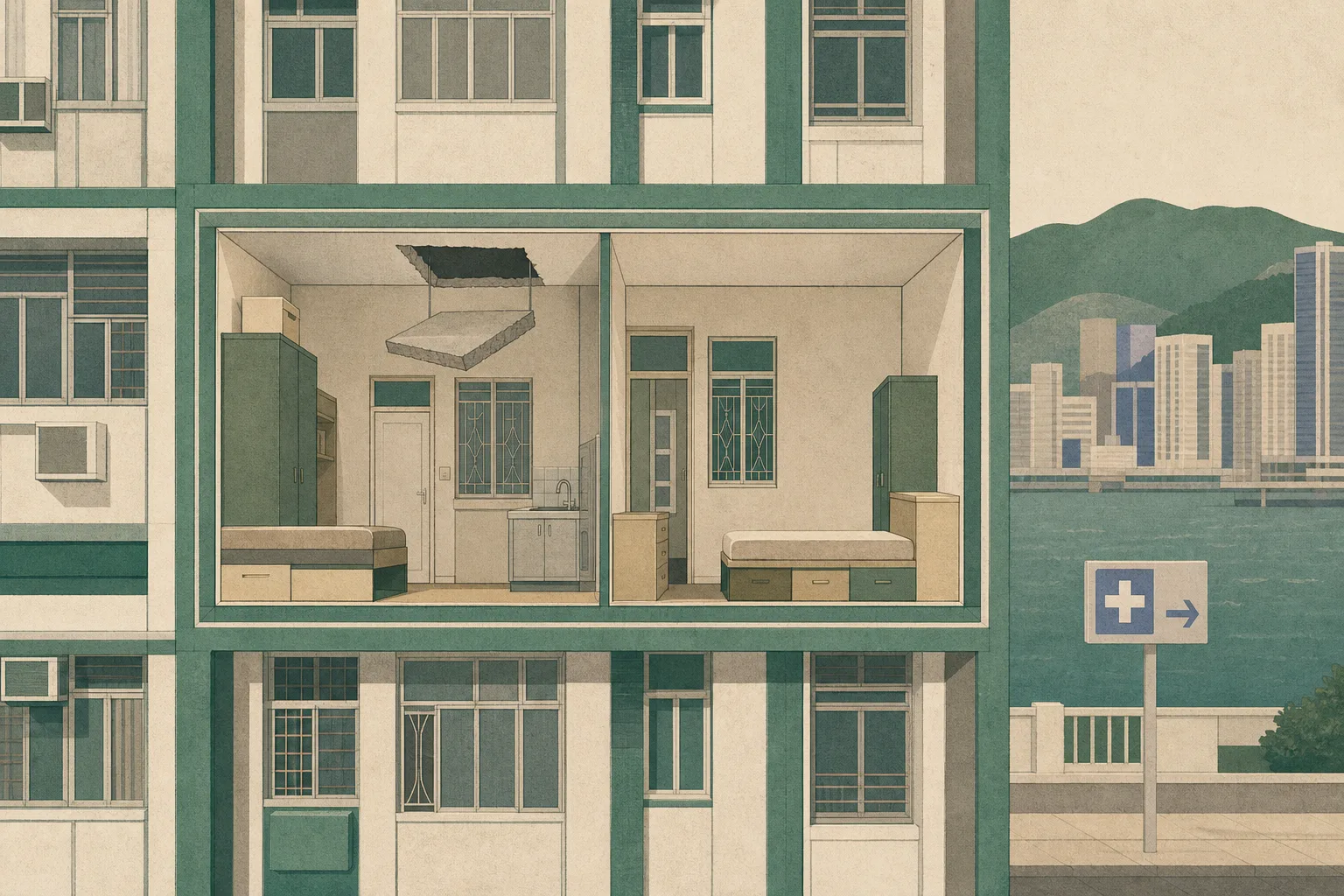 Cut-paper architectural illustration of a subdivided apartment interior in a Hong Kong tower, with a rectangular section of concrete ceiling shown detached above a partitioned room.