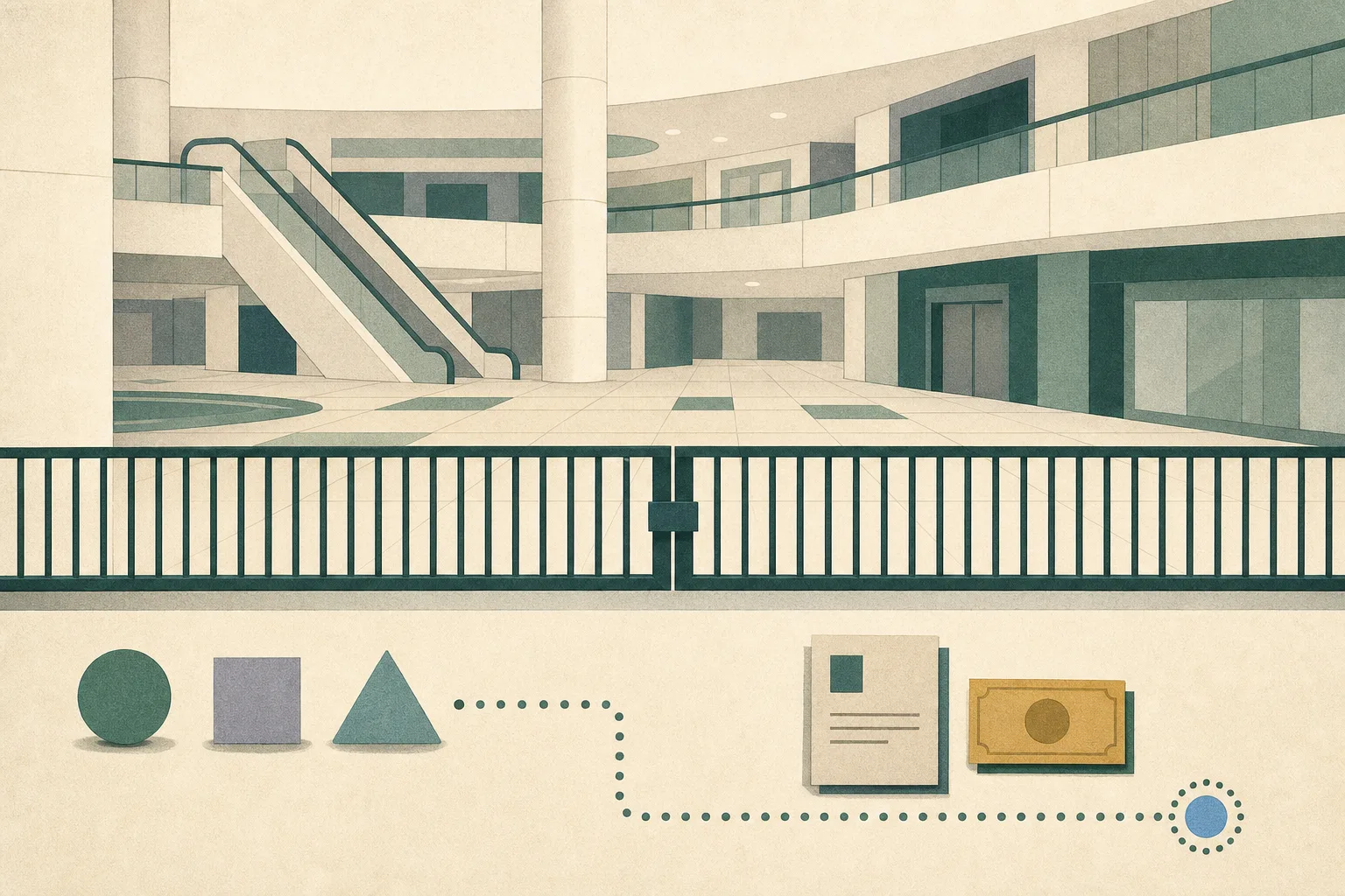 A flat cut-paper illustration of a simplified shopping-centre atrium with columns and floor tiles, a closed access boundary, three detached geometric markers, and a court-document shape leading toward an unresolved dotted path.