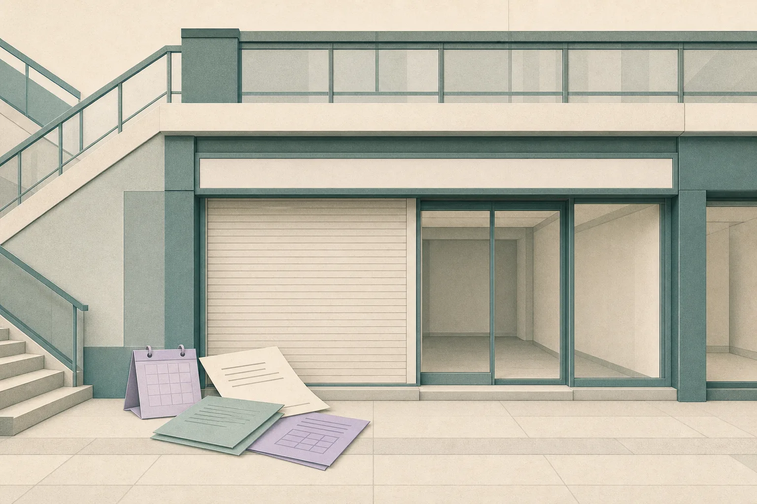 A simplified cut-paper elevation of a closed, unbranded retail shopfront in a Hong Kong shopping complex, with a clear threshold and layered document sheets outside the empty unit.