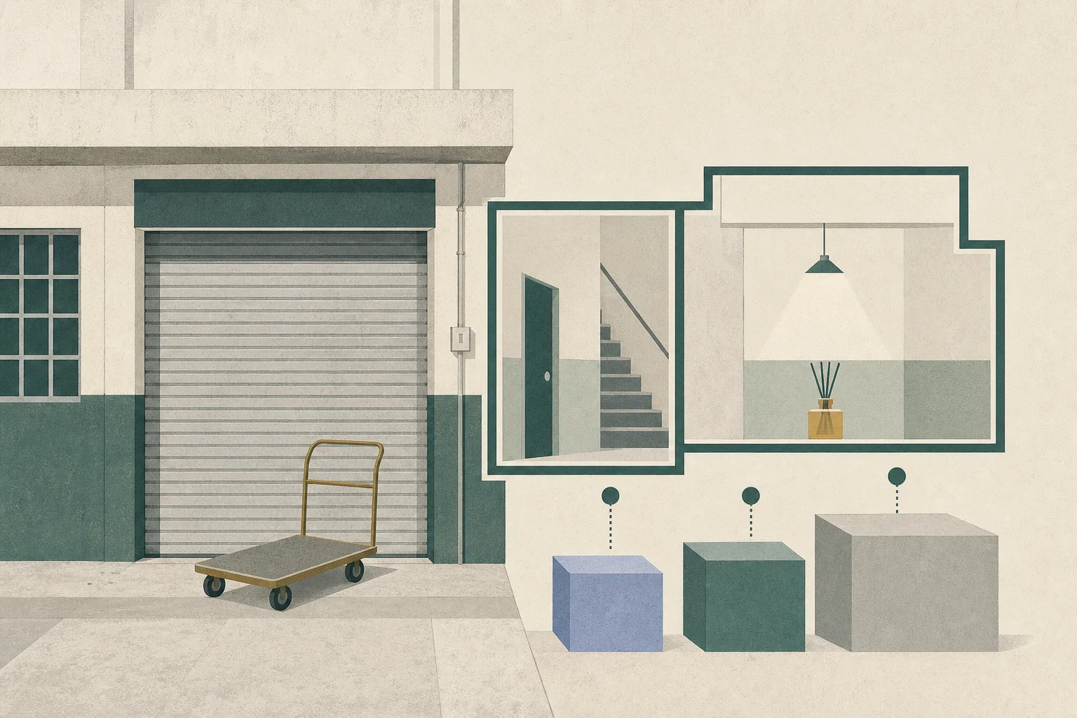 Flat cut-paper illustration of a generic industrial-building unit with a closed roller shutter, an empty trolley outside, an outlined storage area and a small air freshener inside; restrained quantity markers indicate reported seized amounts without depicting people or drugs.