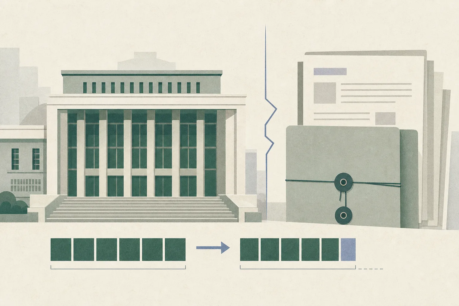 A quiet cut-paper illustration of an unoccupied court building beside a closed legal file and an abstract sequence showing a six-year sentence revised to five years and four months.