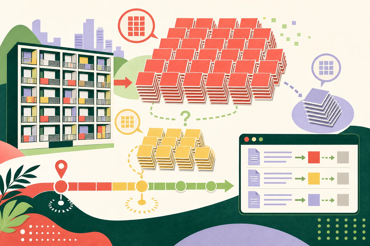 Abstract civic diagram showing a modular apartment grid, a large cluster of registration cards, a separate smaller residential-unit grouping linked by a broken line, a 1 March to 31 August timeline, a distinct stack of certification cards, and a public webpage panel for applications under review.