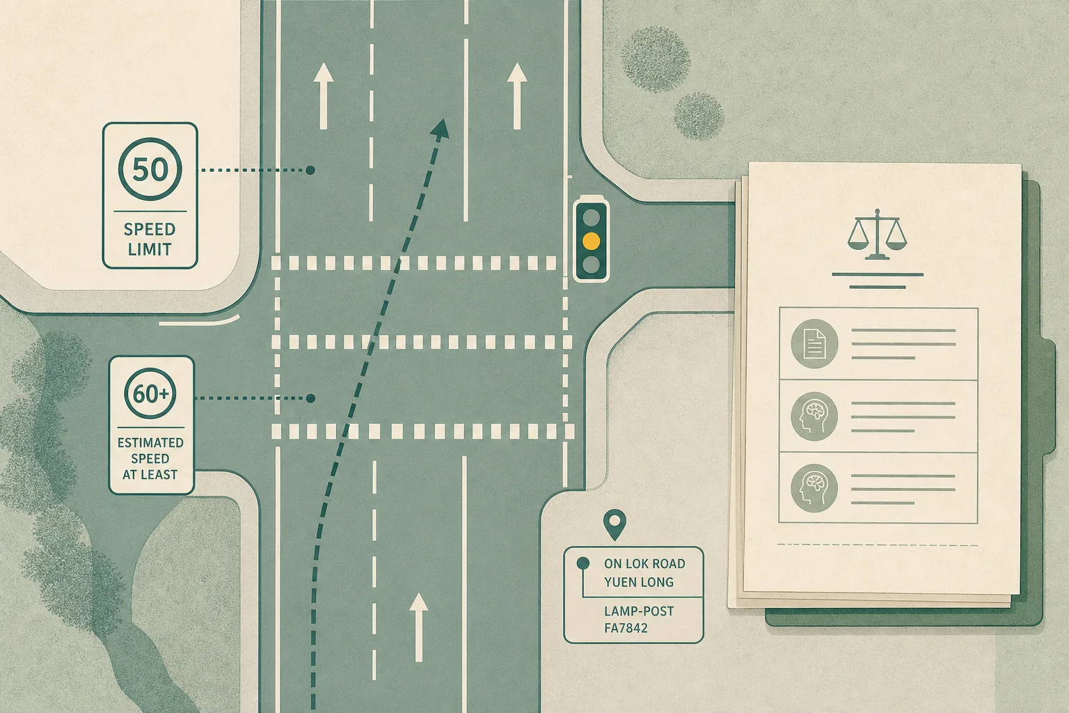 Top-down cut-paper diagram of a Yuen Long road layout with two pedestrian crossings, an amber traffic-signal block, neutral speed annotations, a location marker and a separate court-document block; no people, vehicles or collision are shown.