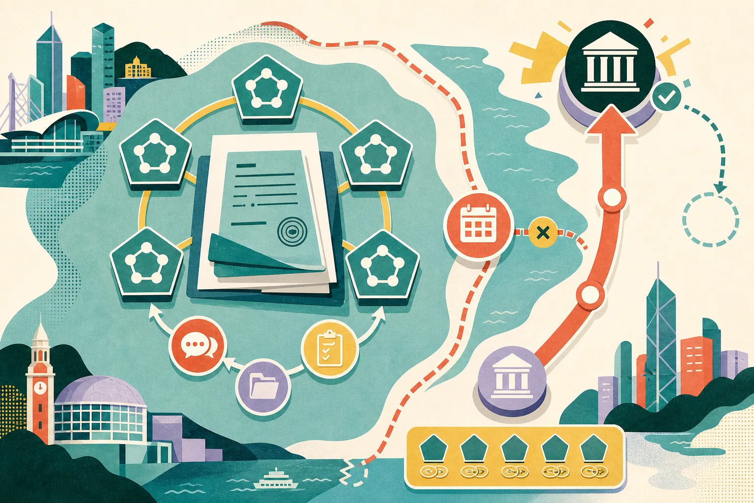 Top-down cut-paper diagram of a trust deed surrounded by five linked governance nodes, a circular operations loop, a one-month registration boundary and an upward appeal route ending at a firm checkpoint.