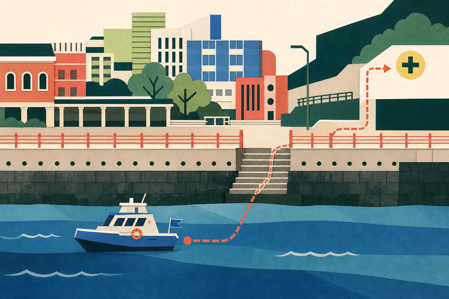 A cut-paper illustration of a Hong Kong waterfront with a simplified seawall, promenade railing, calm blue-green water, an abstract rescue boat and a route line leading back toward shore.