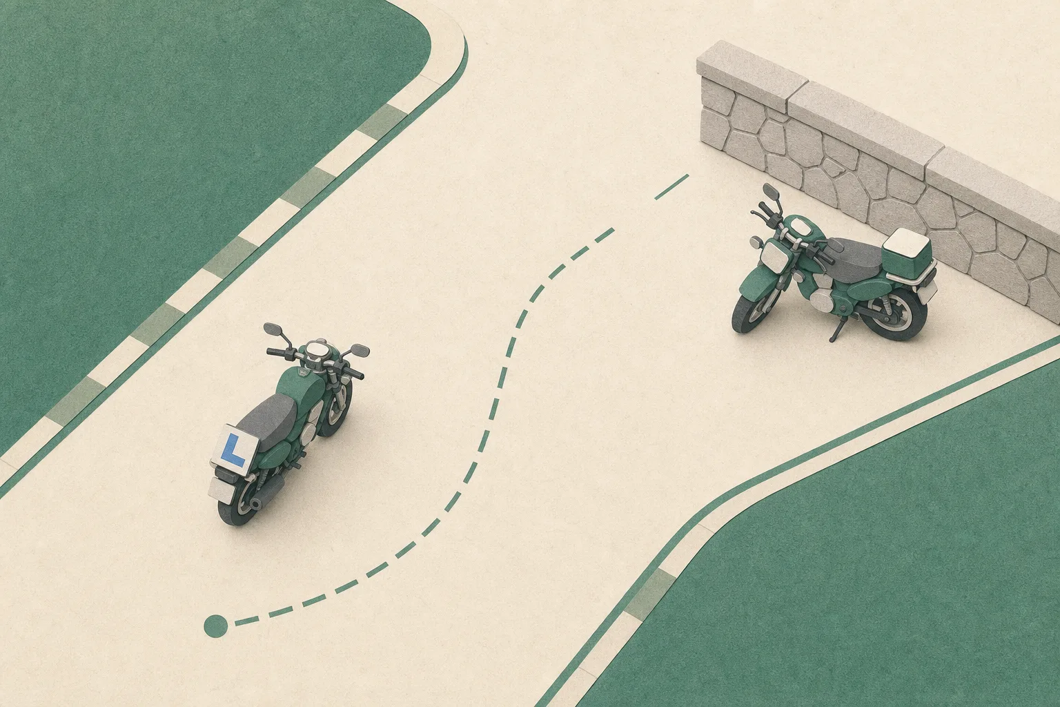 Top-down cut-paper diagram of an abstract driving-test area with a learner motorcycle marked by an L plate, a separate parked motorcycle, a stone barrier and an interrupted route line.