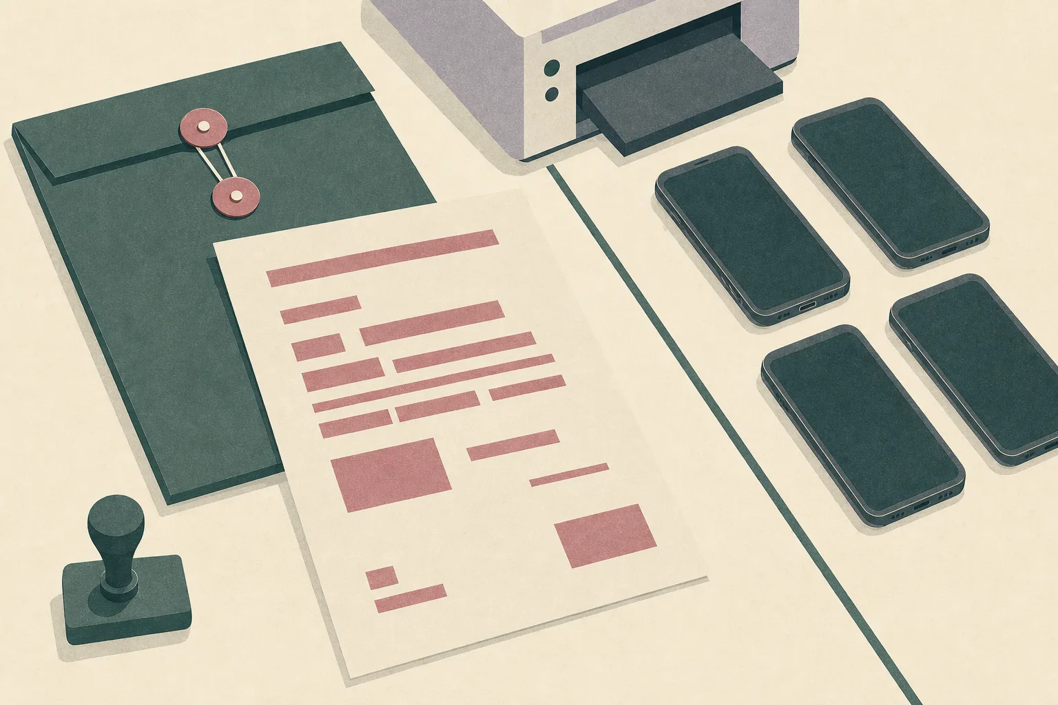 A close-up cut-paper illustration of a closed document envelope, an abstractly redacted agreement sheet, a small seal, a printer edge and four mobile phones arranged behind a thin boundary line on a neutral evidence-table surface.