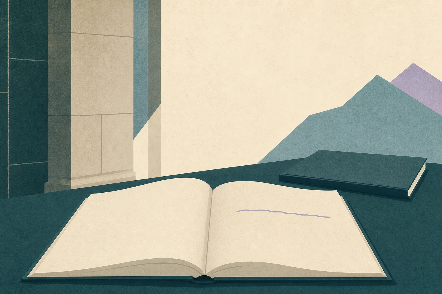A simplified close-up illustration of an open condolence book on a plain consulate desk, framed by geometric architectural planes and muted blue, teal and lavender accents.