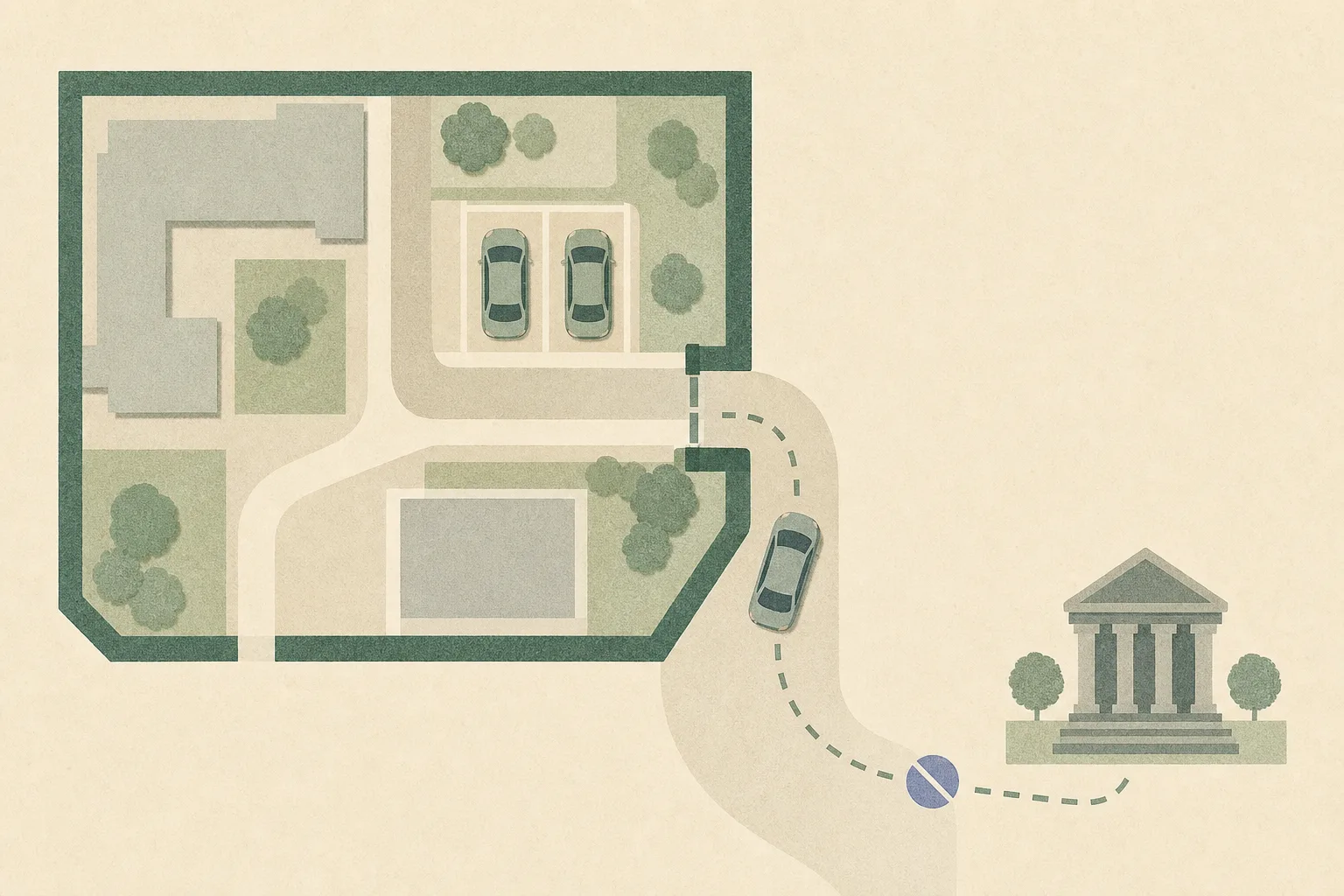 Top-down cut-paper diagram of a campus road with two parked car shapes, a third car shape on an interrupted route, and a small neutral courthouse marker set apart from the campus.