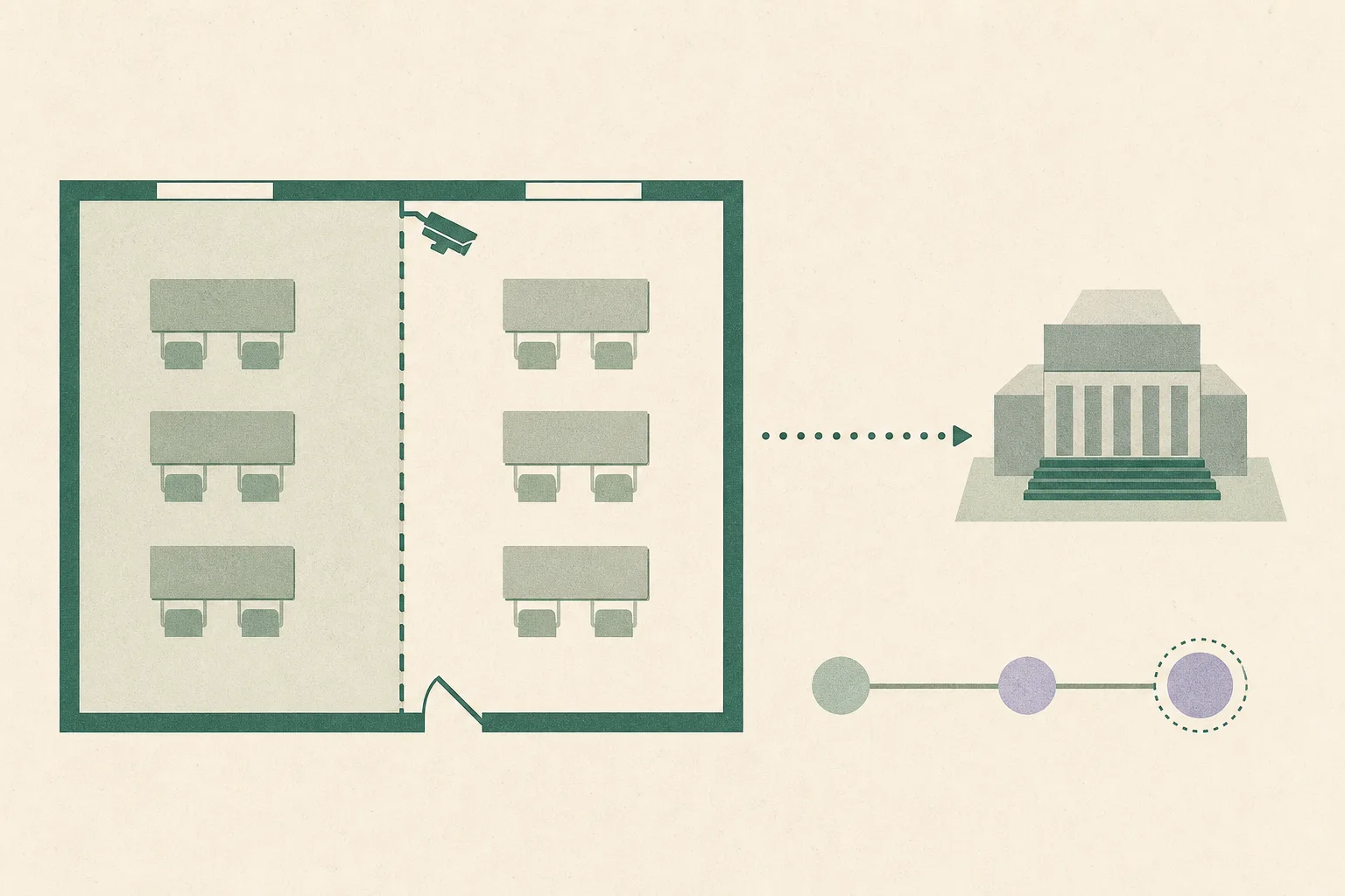 An empty overhead tutoring-room diagram with separated desk areas, two date markers, a small CCTV symbol and a distant simplified courthouse block, rendered in muted blue with restrained coral and ochre accents.