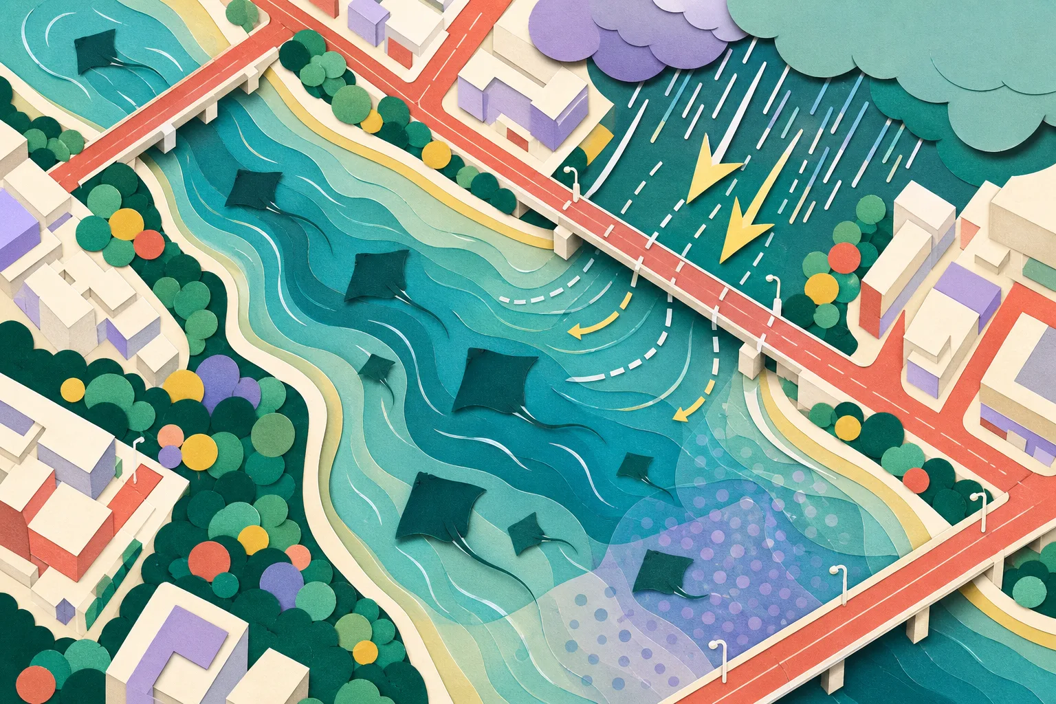 Top-down cut-paper illustration of the Lam Tsuen River winding beneath simplified bridges, with several unlabelled stingray-like forms in layered blue-green water and abstract rain-flow marks.