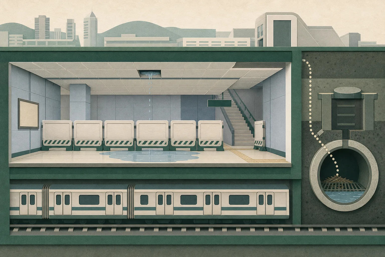 A flat cut-paper cross-section of an underground metro station shows a ceiling leak collecting in a shallow floor pool behind temporary barriers near an interrupted Exit B passage. A separate drainage pipe layer sits beside the station, while continuous rail tracks remain visible below.