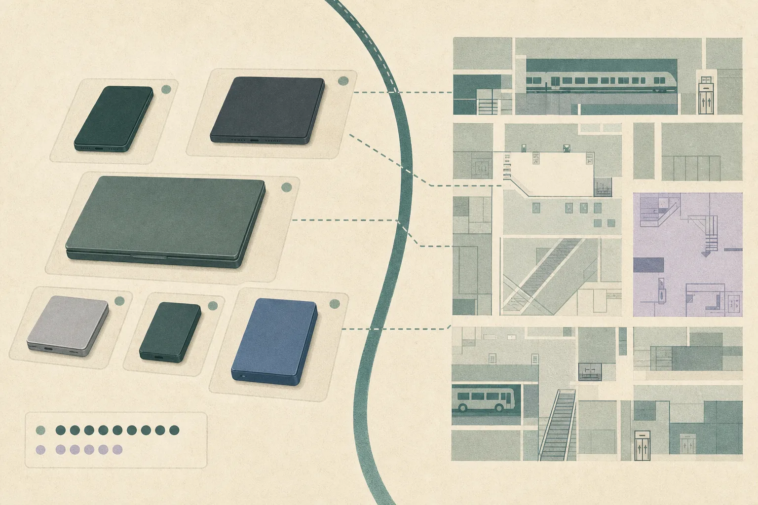 Top-down editorial illustration of closed electronic devices arranged as evidence objects beside an abstract public-place floor plan, separated by a boundary and connected with interrupted lines.