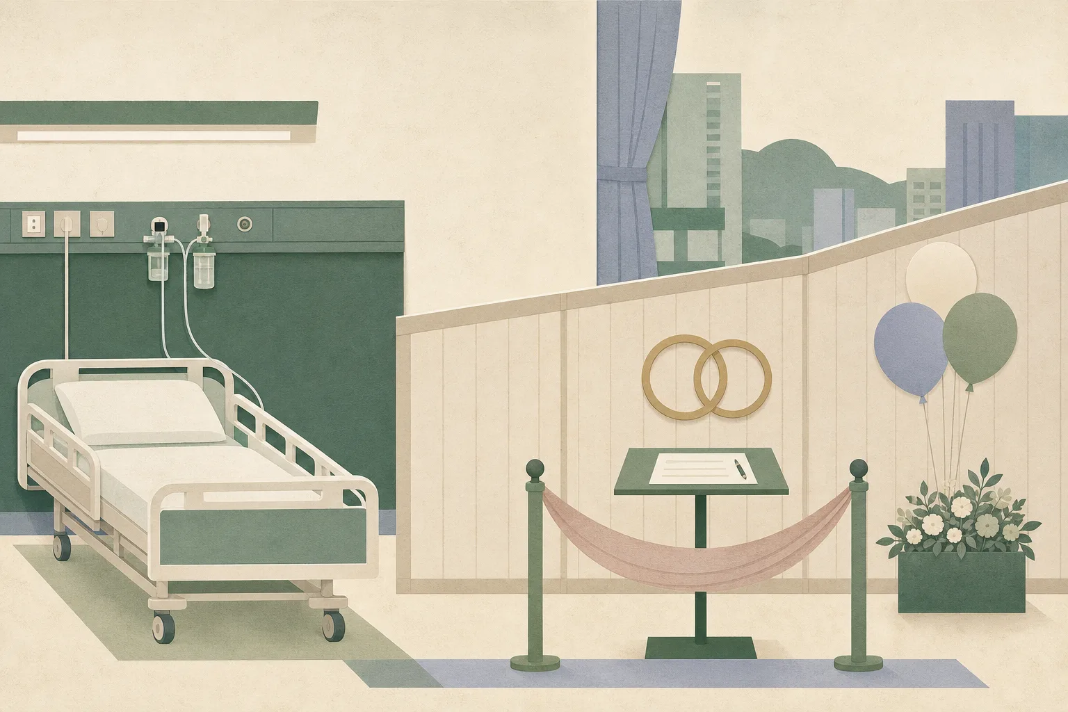 A cut-paper hospital ward shows an unoccupied bed with oxygen tubing beside a small solemnisation setup, interlocking rings, a signing surface and a few subdued balloons.