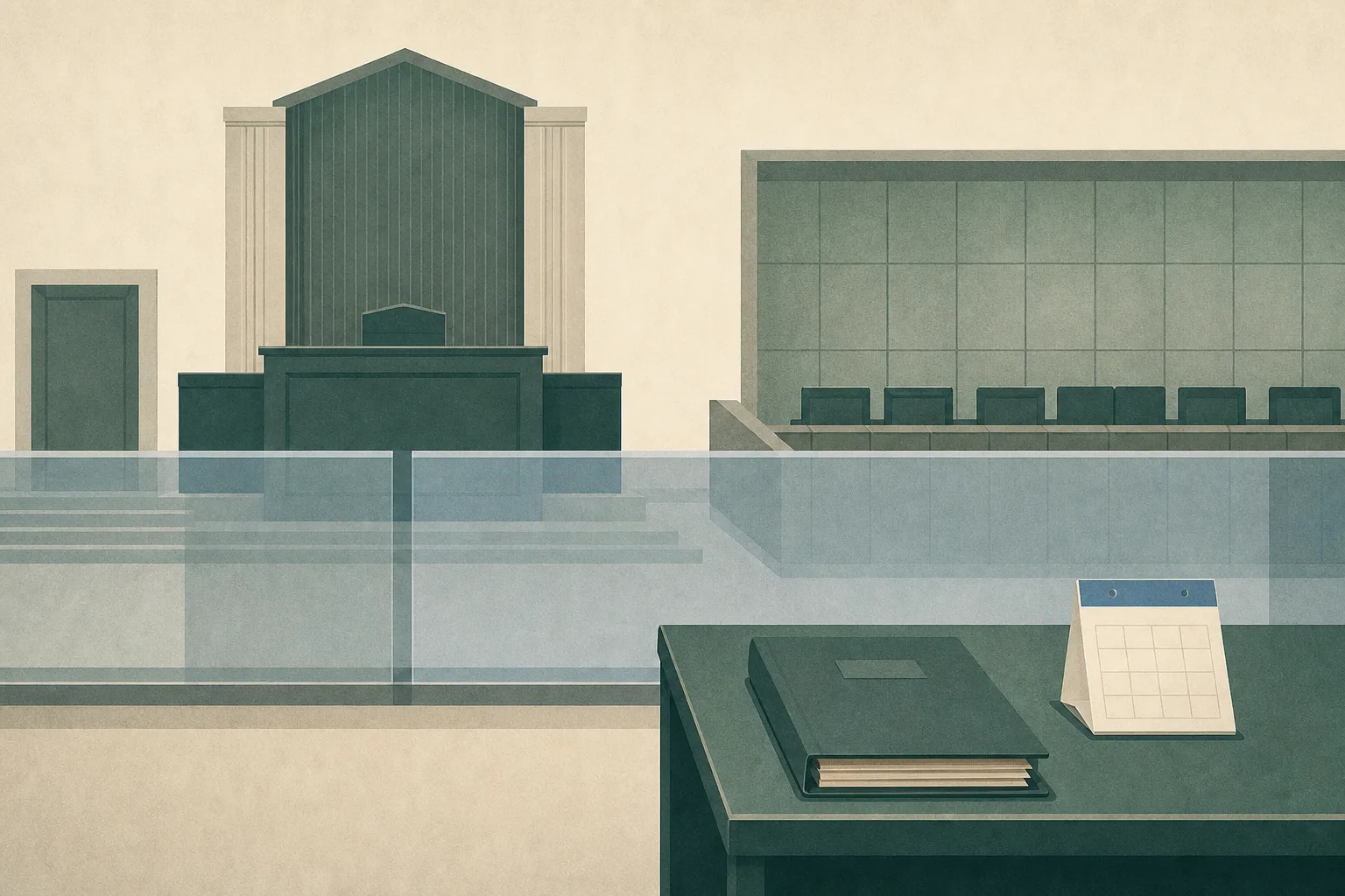 An empty simplified courtroom with a judge’s bench, separated jury area, translucent dividing panel, closed case folder and calendar page marked 3–4 September 2026.