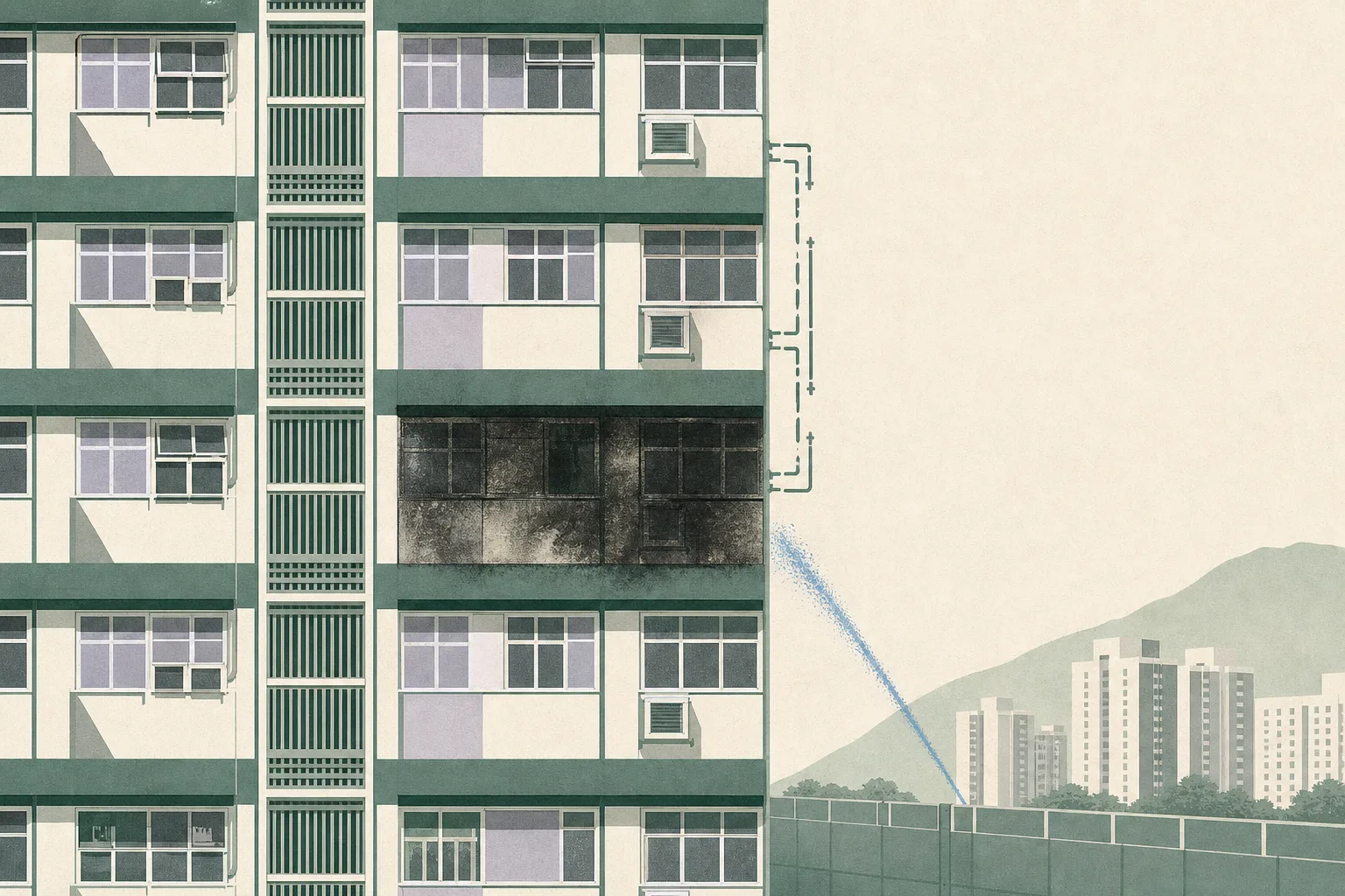 A simplified Hong Kong apartment facade in muted tones, with one darkened unit, a restrained blue water line at the building edge and an interrupted utility-line marker suggesting fire response and an unresolved investigation.