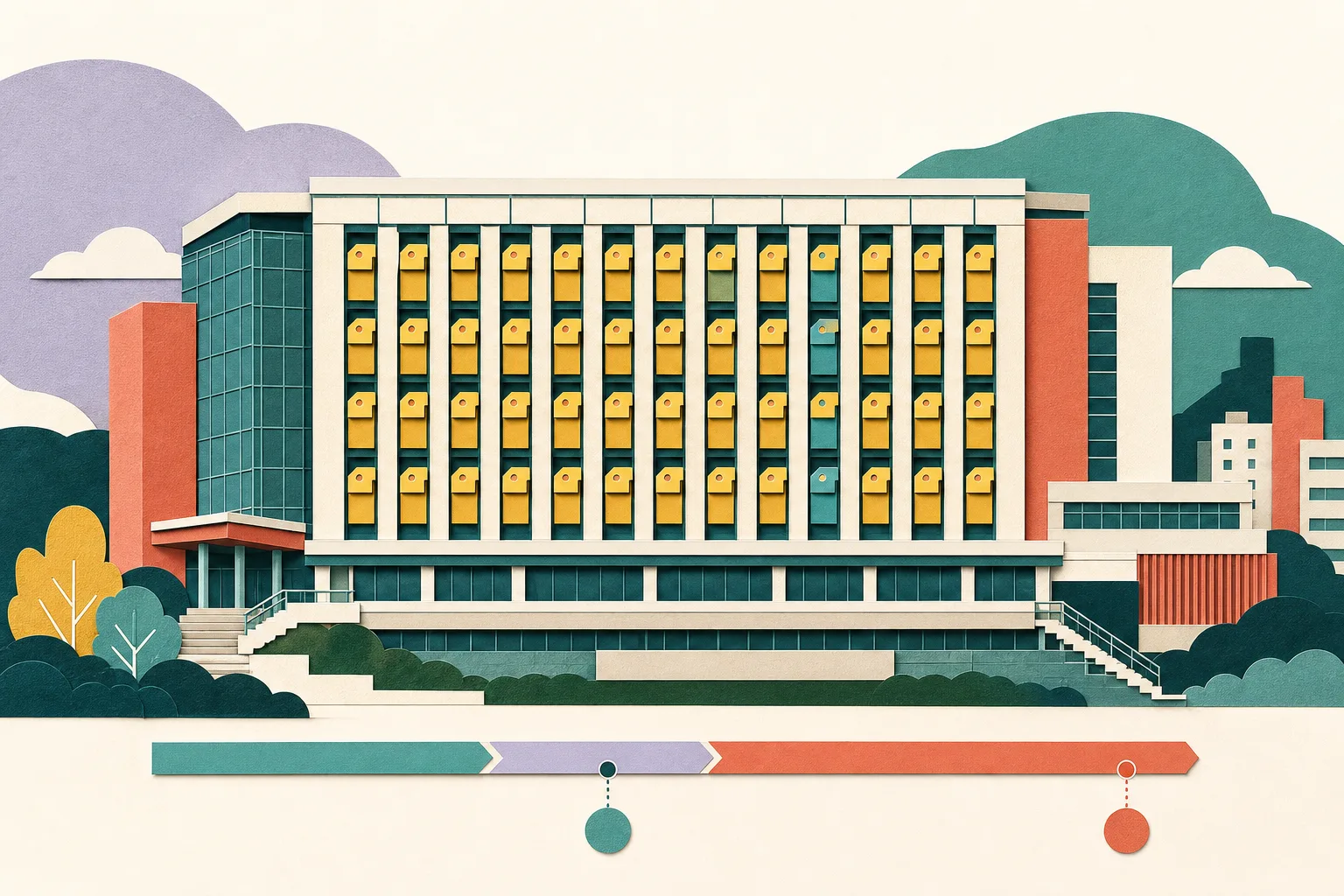 Cut-paper style elevation of a new hospital building with a 28-bay lift grid; most bays have small ochre maintenance markers, four are blue and clear, and a segmented base timeline shows October and fourth-quarter 2026 schedule markers.