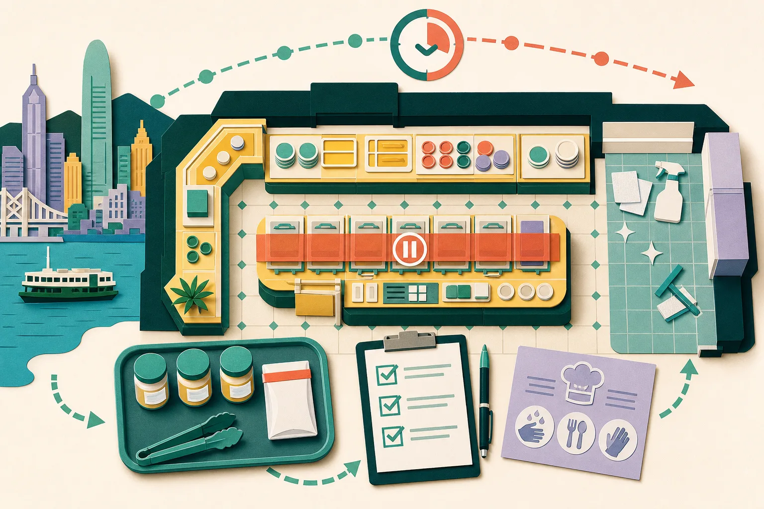 Top-down cut-paper illustration of a hotel buffet layout with a paused serving section, sealed food-sample containers, an inspection checklist, cleaning tiles and a segmented 13-to-44-hour timeline.