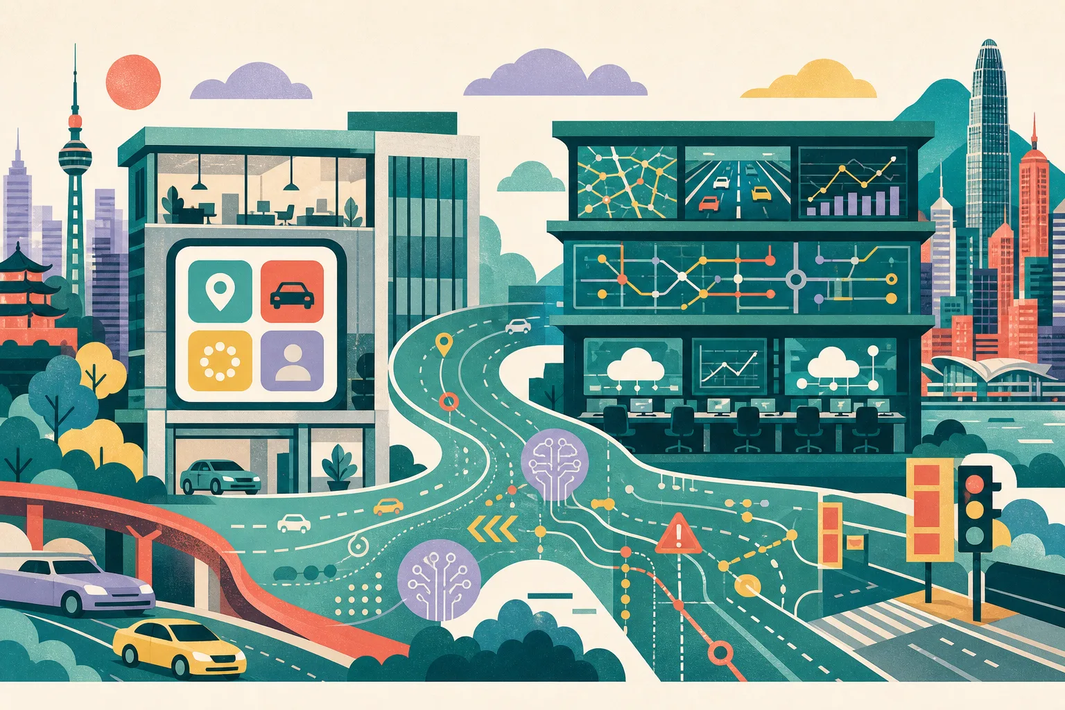 A cut-paper style city collage shows a simplified ride-hailing platform office beside a traffic monitoring centre, connected by geometric road lanes, data nodes and signal blocks in dusty teal, mineral blue, soft coral and muted ochre.