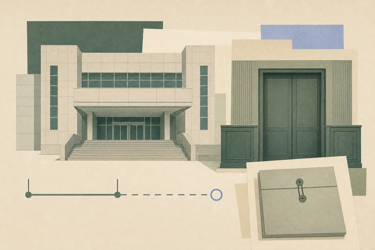 A sparse cut-paper illustration of a simplified civic courthouse facade beside a closed courtroom doorway, layered with a neutral sealed case file and an interrupted timeline that stops before an empty verdict marker. No people are shown.