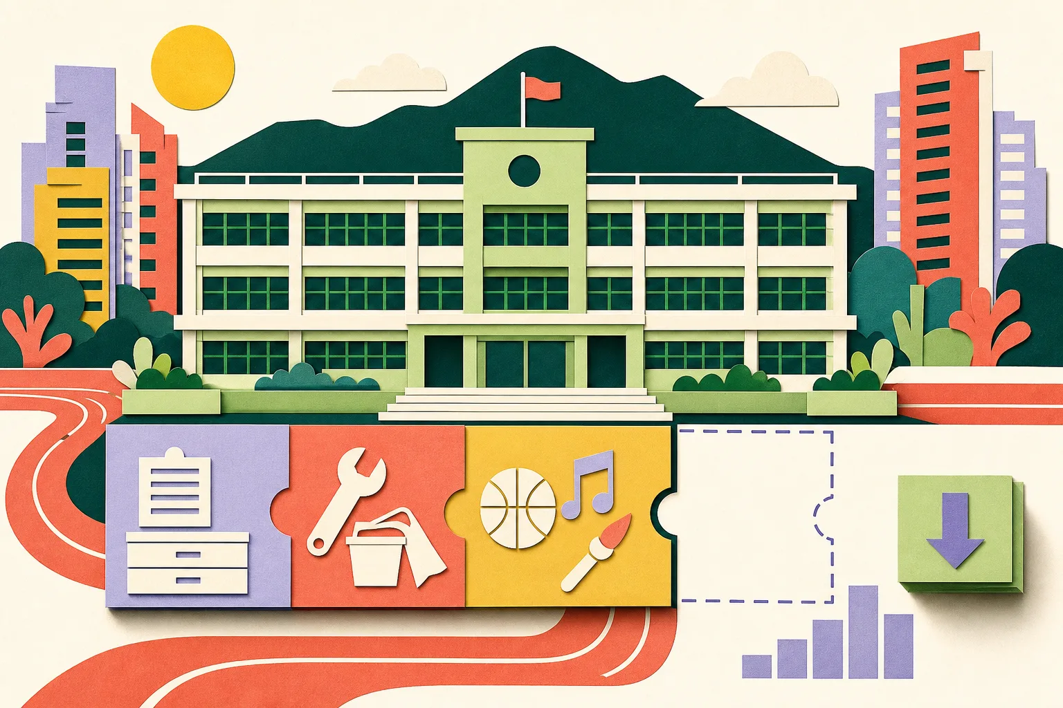 Flat cut-paper illustration of a Hong Kong school building surrounded by modular budget blocks for administration, maintenance and extracurricular activities, with one smaller allocation tile and an open gap suggesting financial pressure and possible trade-offs.