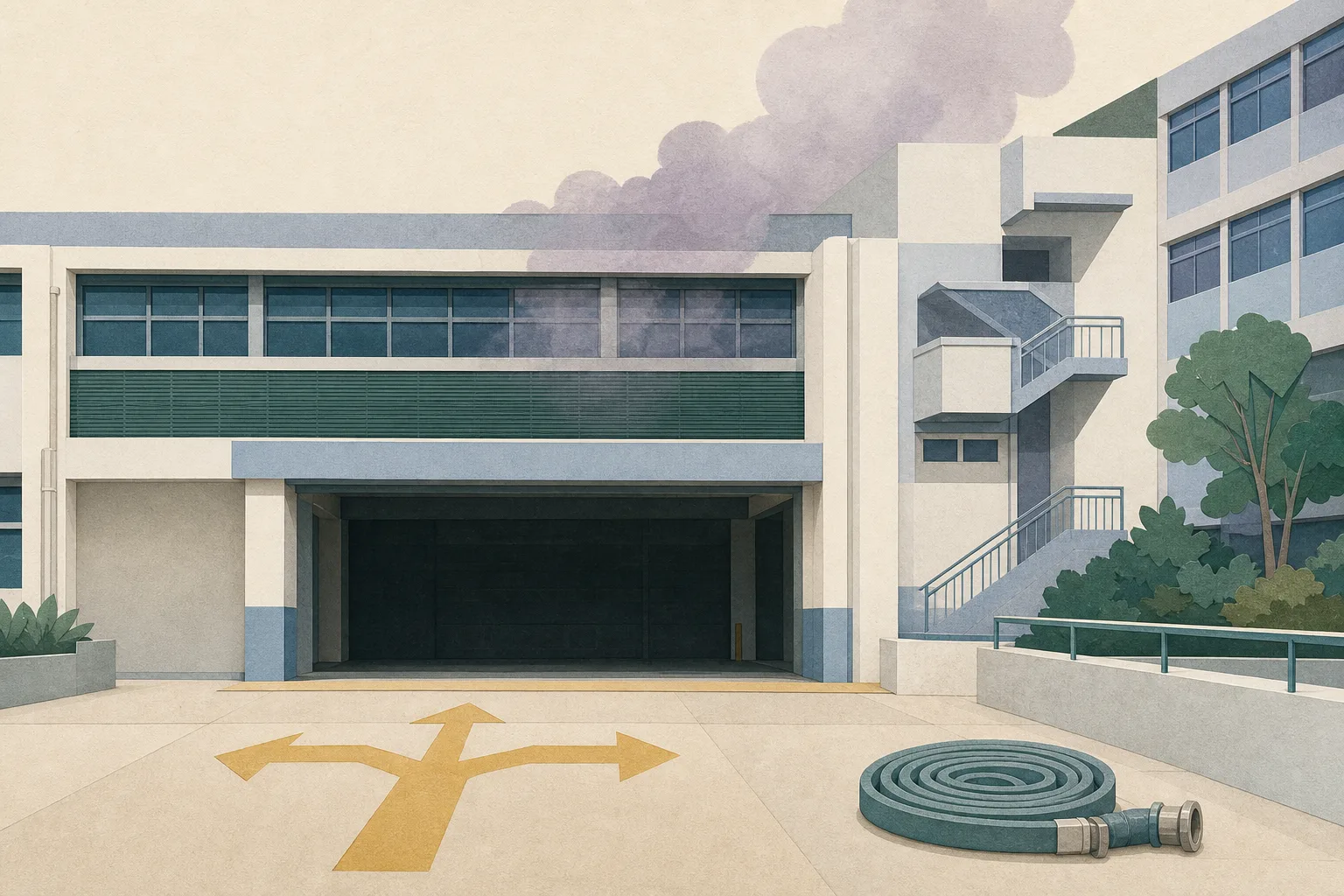 Flat cut-paper illustration of a campus warehouse elevation after a fire, showing a closed dark loading bay, a faint pale smoke veil above the roof, a coiled firefighting hose in the foreground and abstract evacuation arrows leading away from the building.