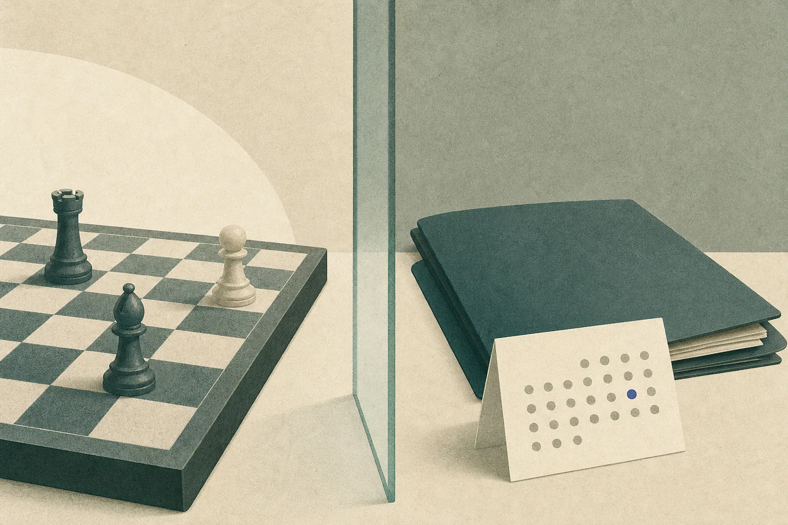 An empty chessboard sits beside a closed legal folder and a small calendar card marked 2 October 2026, with a translucent vertical divider separating the objects.