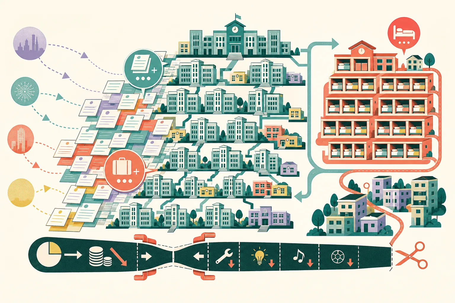 Cut-paper illustration of a modular Hong Kong school network receiving abstract application cards, with a separate boarding-accommodation cluster, connecting routes and a compressed lower band suggesting operating-cost pressure.