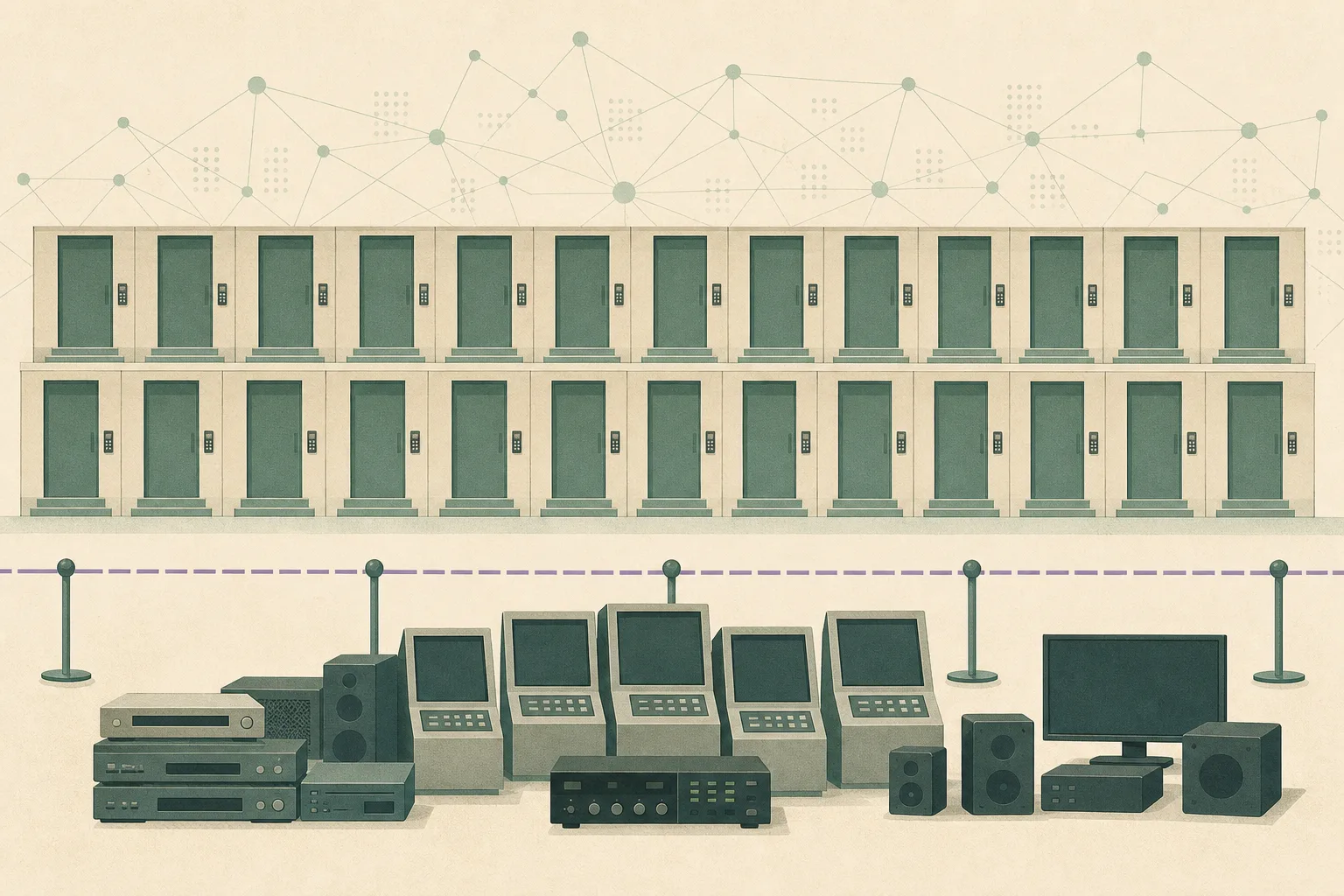 A flat cut-paper illustration shows a row of repeated closed party-room entrances with keypads, blank karaoke playback machines and audio-visual equipment arranged behind a thin evidence boundary, with subtle abstract data lines in the background.