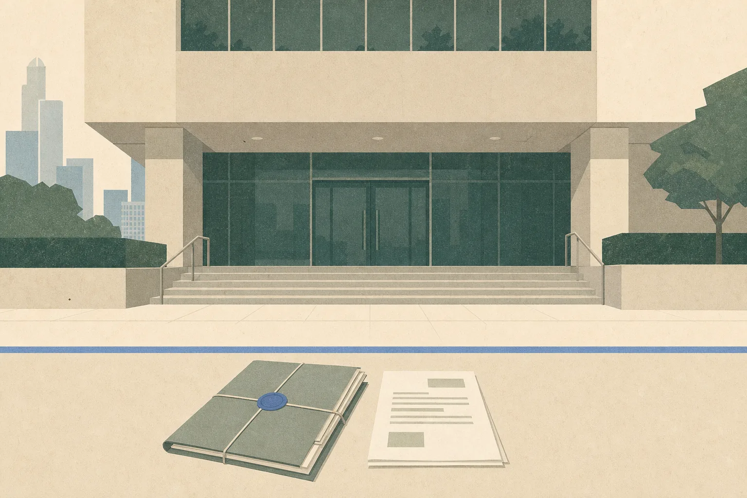 An empty simplified courthouse entrance with a sealed case folder and plain report sheets beside a clear boundary line, rendered in muted blue, grey and off-white cut-paper shapes.