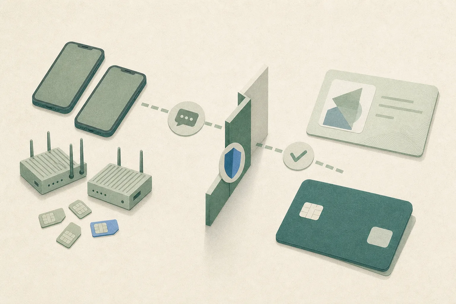 Top-down cut-paper illustration of generic phones, SIM cards and compact communication devices on one side of an interrupted verification pathway, with a blank layered identity document and account tile beyond a geometric checkpoint.