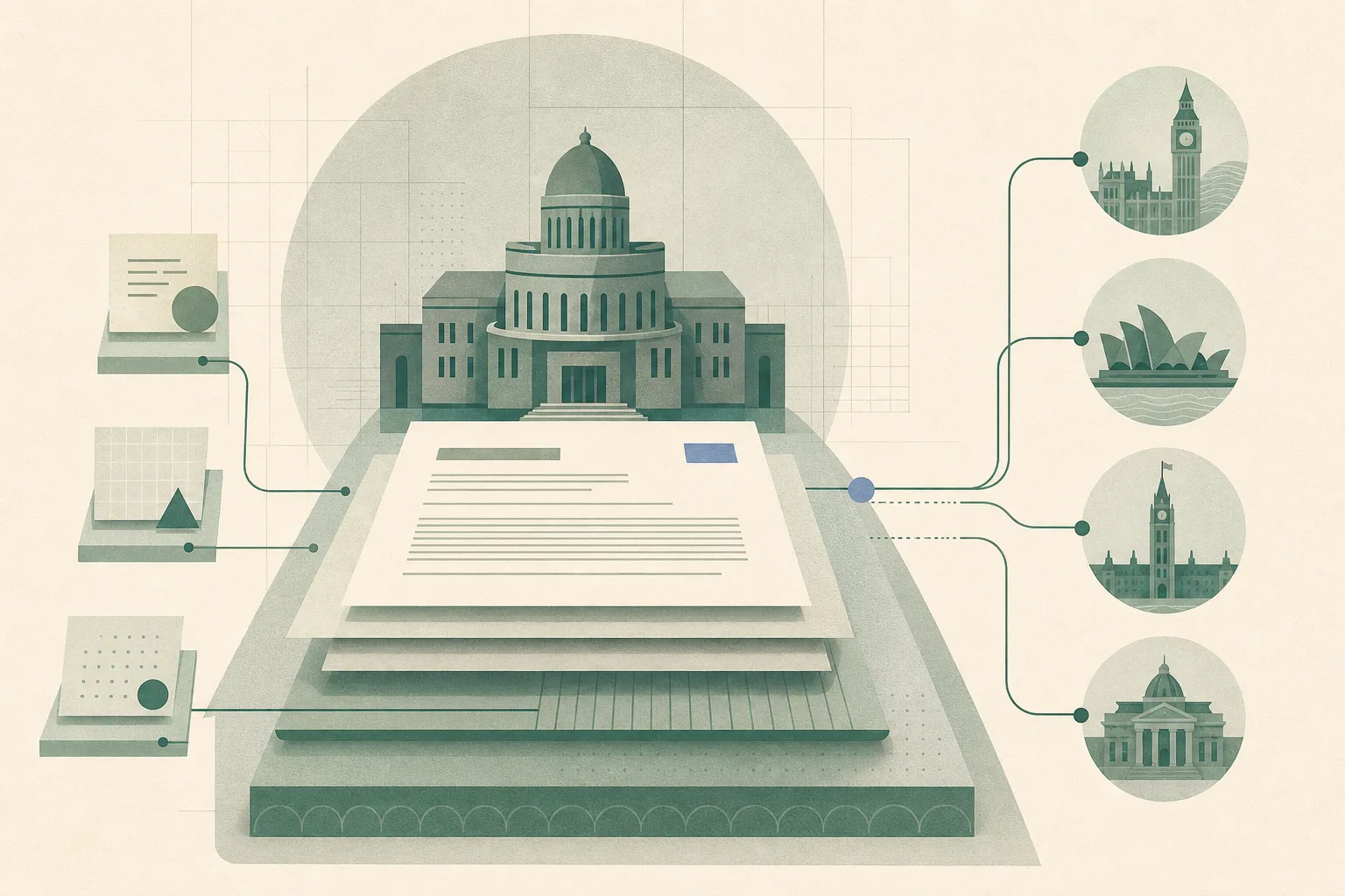 A low-chroma top-down illustration of layered legal documents arranged around an abstract court-like geometric form, with fine lines connecting the central Hong Kong structure to several distant international nodes.