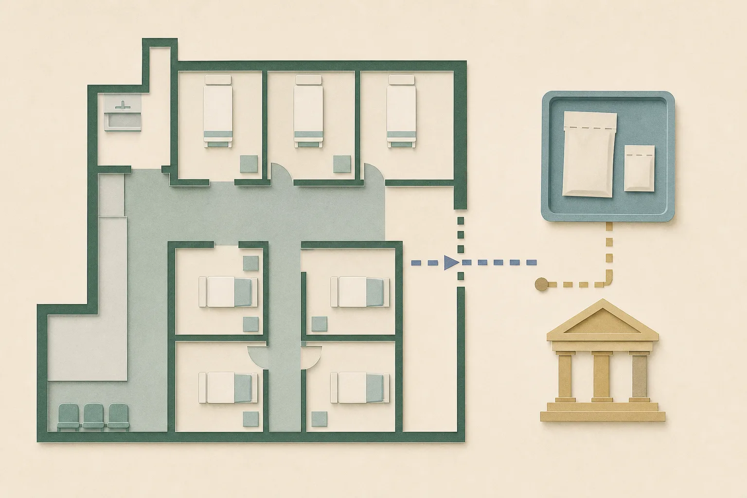 A cut-paper top-down diagram of a hospital ward with room blocks and a corridor, a broken route stopping at an internal boundary, and a separate sealed evidence tray beside a small neutral justice-process marker.