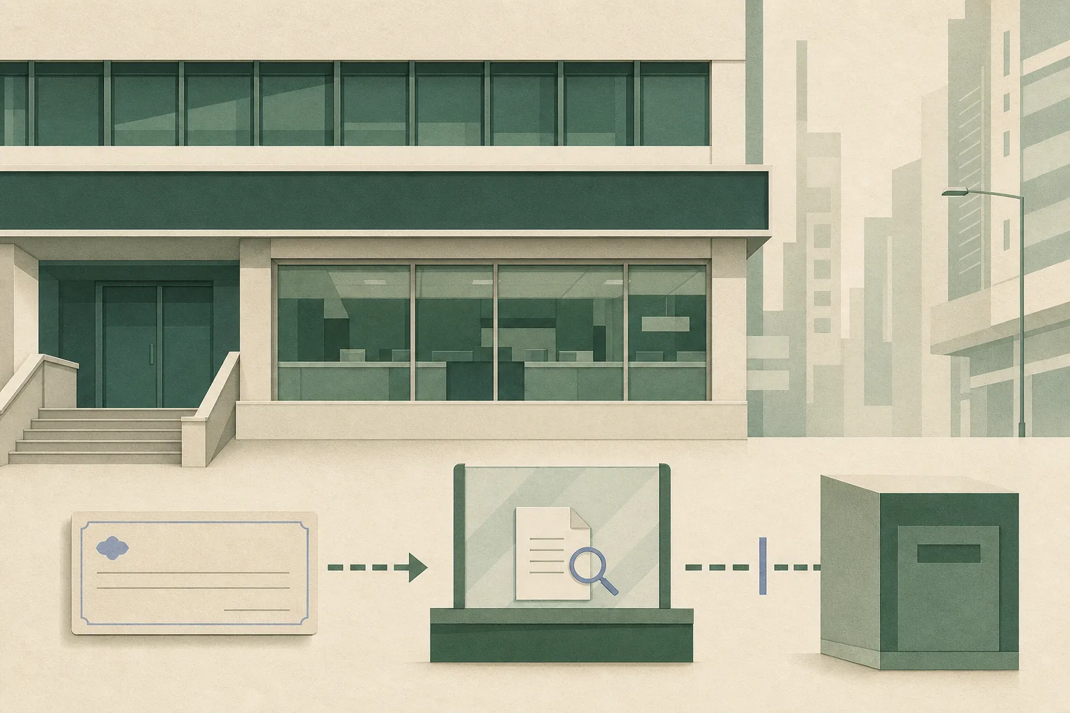 A cut-paper bank-branch elevation at 673 Nathan Road with a plain cashier’s-order sheet on an interrupted path toward an unnamed company account, separated by a document-review divider.