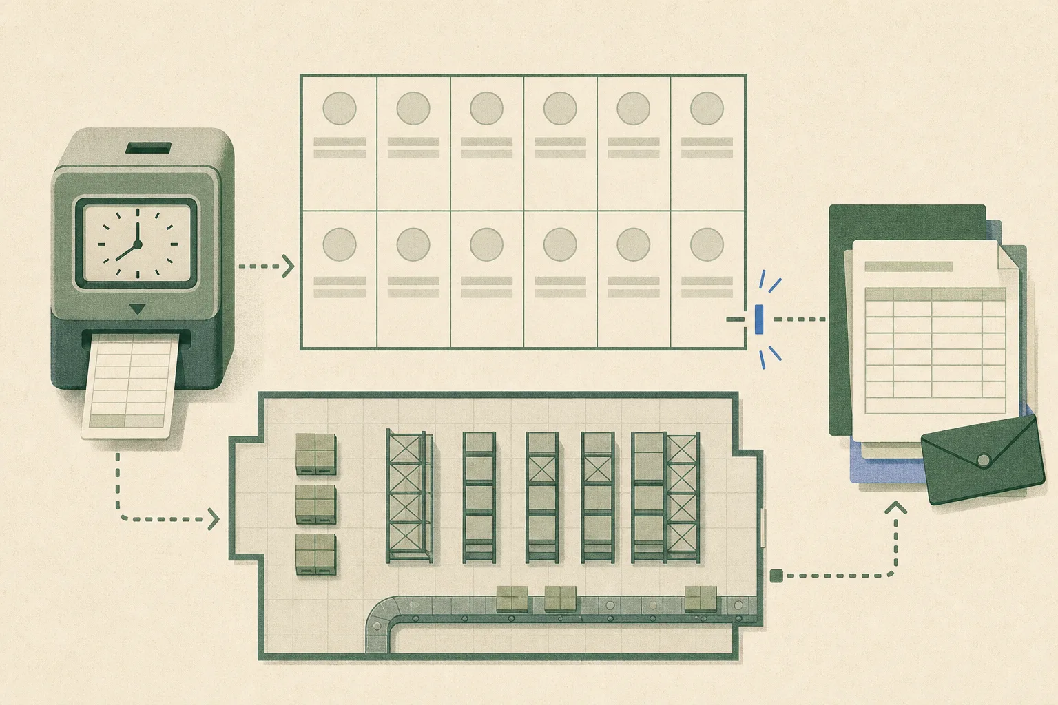 Top-down editorial illustration of a generic time-clock beside a gridded attendance ledger with 13 blank record slots, linked to separated payroll documents on a warehouse-like geometric layout.