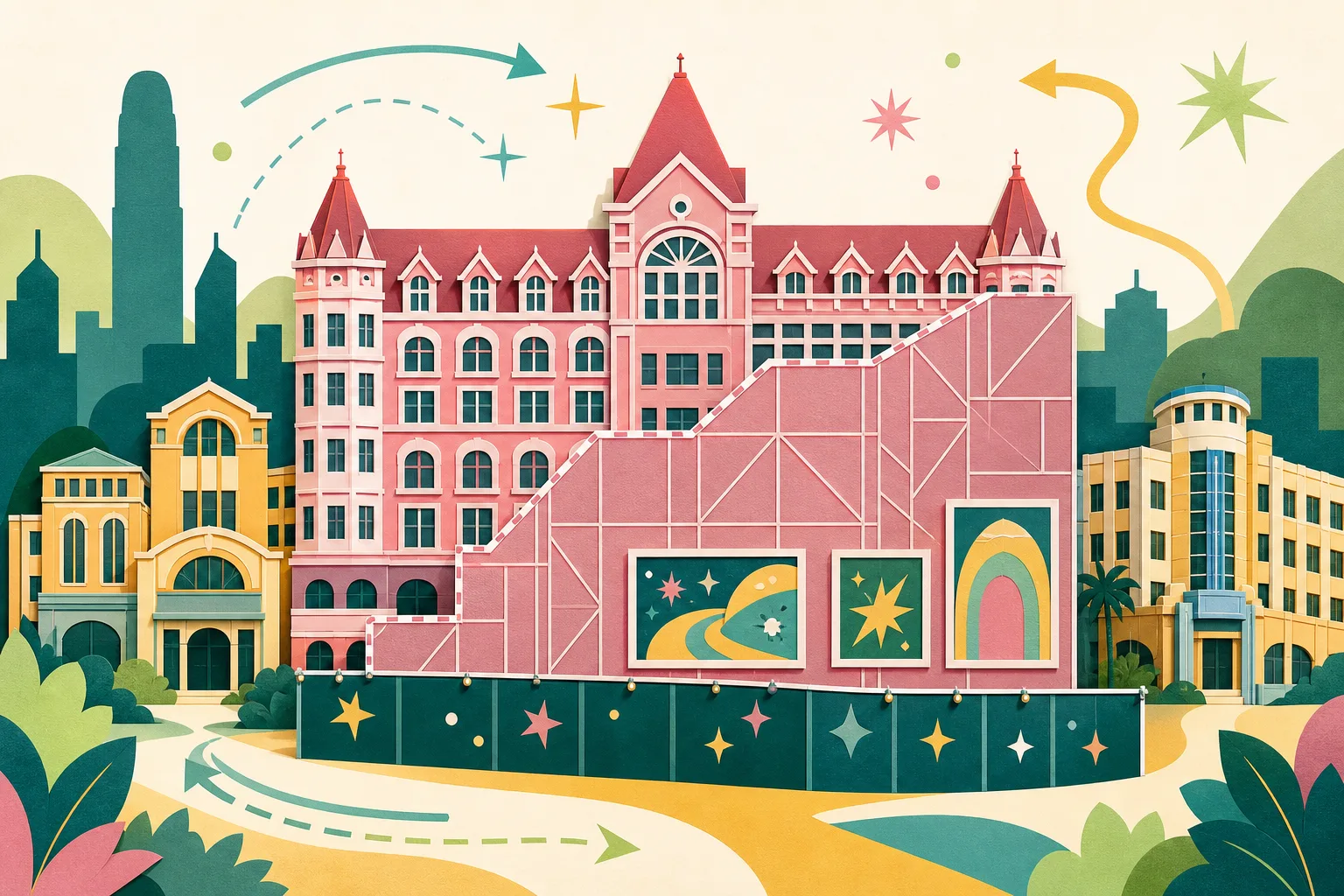 A cut-paper illustration shows a large simplified hotel facade partly screened by geometric refurbishment panels, with two smaller hotel buildings beside it marked as open. Abstract framed story panels and star shapes add colour around the architectural forms.