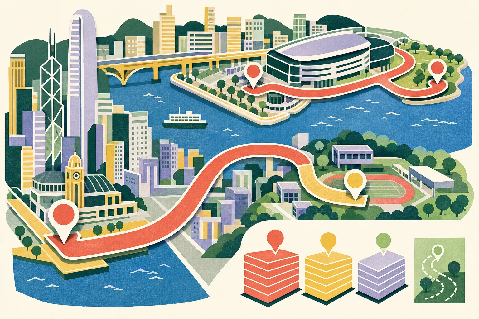 Cut-paper architectural collage showing simplified Kai Tak Sports Park and waterfront promenade linked by a coral route ribbon to an unnamed Kai Tak park, with a separate route connection from Tsim Sha Tsui toward Victoria Park and geometric markers suggesting an expanded Hong Kong running programme