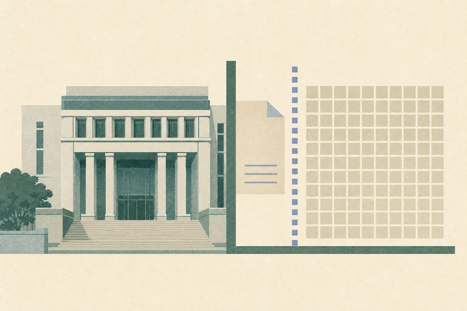 A simplified courthouse facade sits beside a divided grid of 120 pale service-hour blocks, with an abstract redaction bar between the building and a document-shaped form in cool blue, grey, muted ochre and dusty rose.