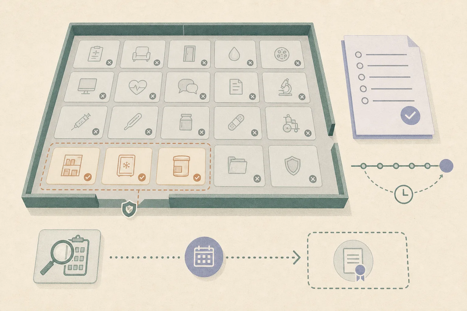 Top-down cut-paper diagram of a clinic service grid with fourteen muted closed tiles and three active storage-service tiles, beside a reporting checklist, 24-hour timeline and follow-up inspection marker.