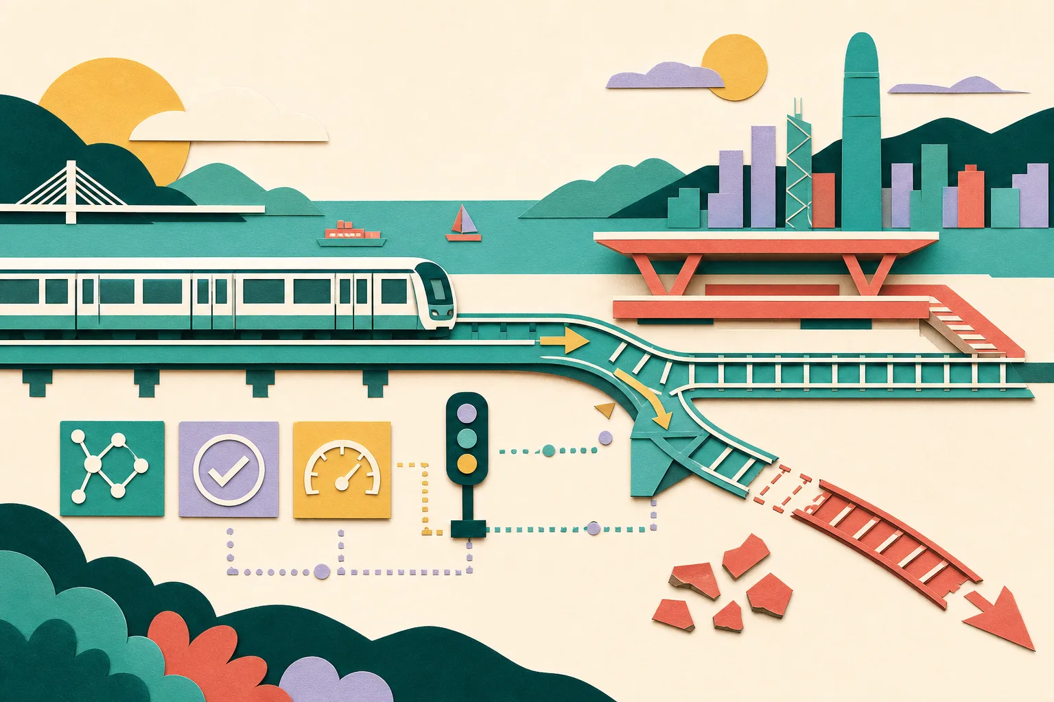 Cut-paper style illustration of a simplified metro train travelling along a newly connected track between two abstract station structures, with turnout shapes, signal marks and a separated older track section showing phased railway works.