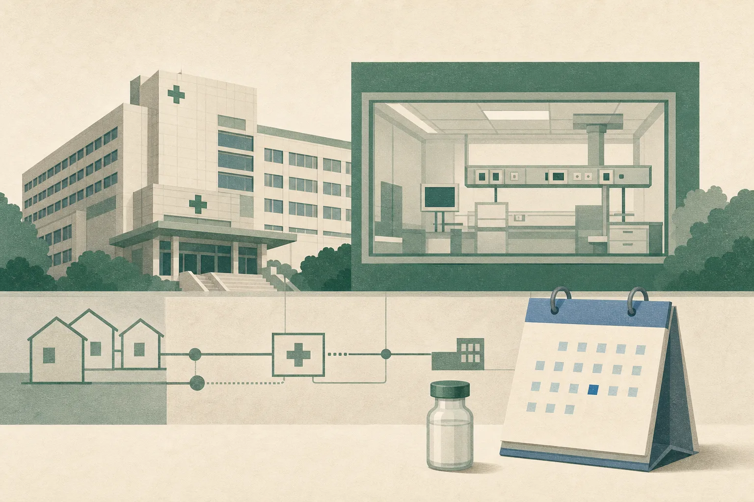 A flat graphic collage shows a simplified hospital façade behind a clear boundary, alongside an unlabelled vaccine vial and a calendar tile marked 17, connected by restrained public-health lines.