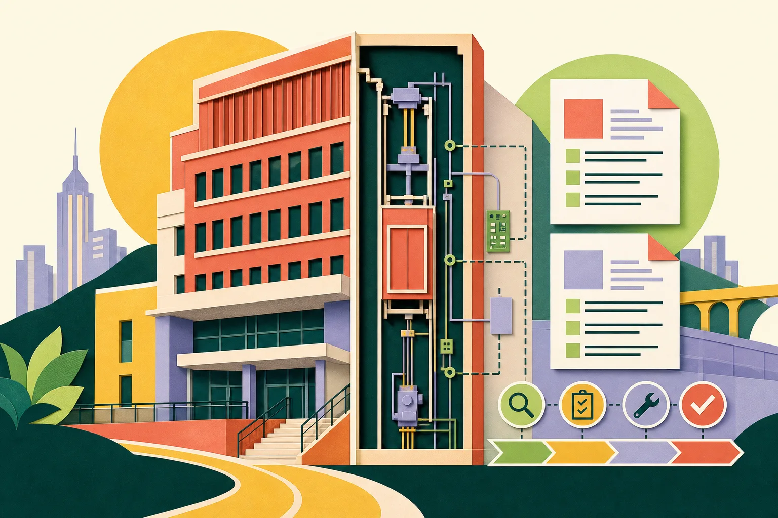 Cut-paper illustration of a simplified hospital building with an open vertical lift-shaft section, abstract lift components, inspection markers and two report panels arranged beside it.