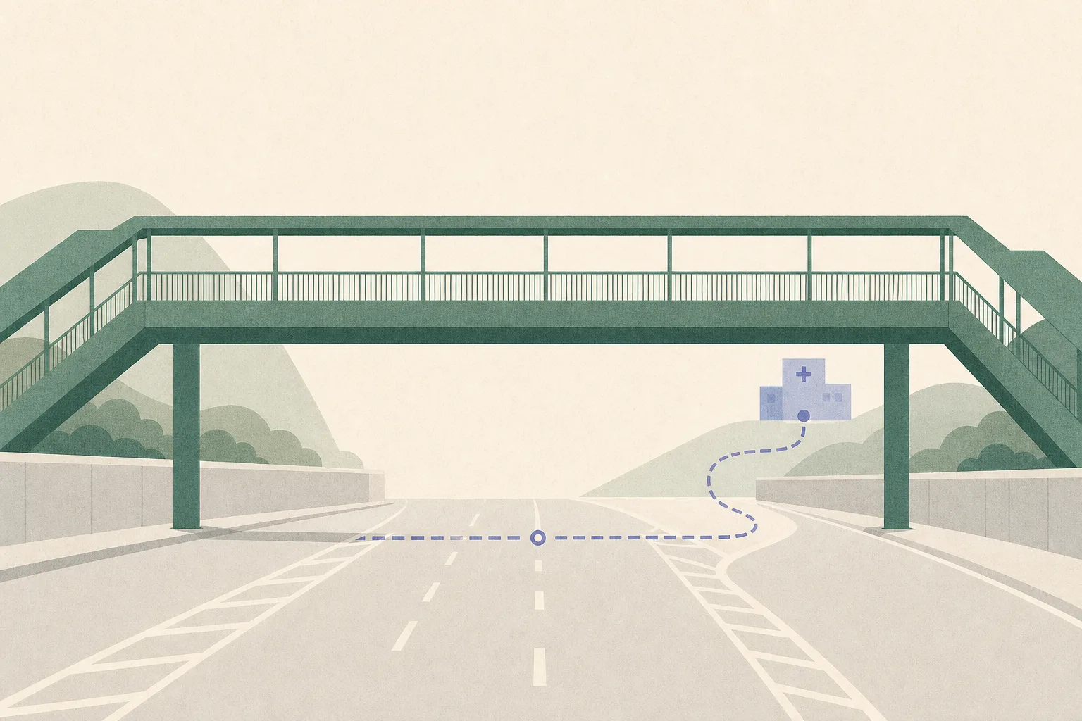 A sparse flat illustration of an empty pedestrian footbridge above simplified roadway geometry, with an interrupted route line leading toward a small hospital marker.