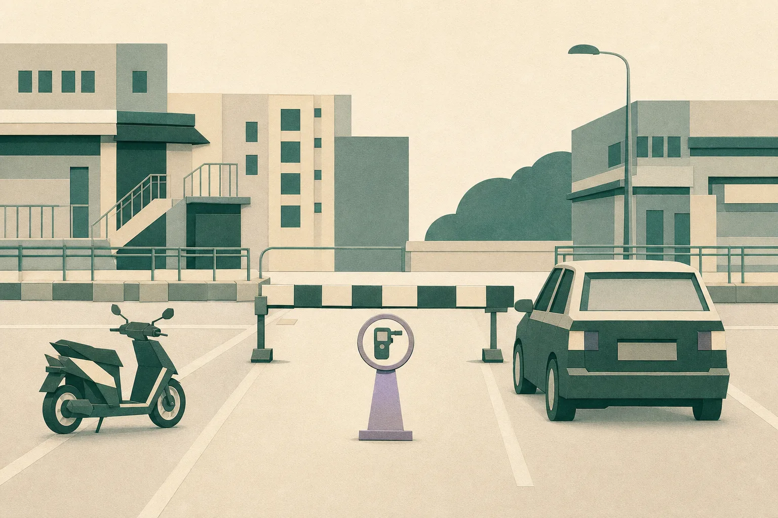 A flat cut-paper illustration of a simplified motorbike and private car halted on separate lanes before a temporary road barrier, with a small abstract breath-test station marker and restrained urban building shapes in the background.