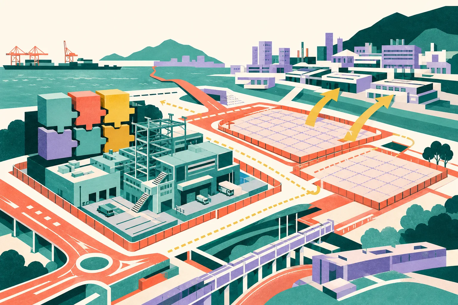 Flat cut-paper illustration of three connected industrial land parcels, with one emerging building, two prepared open plots, six interlocking blocks and broad transport links leading toward an industrial park.