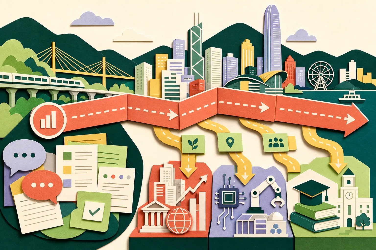 A cut-paper illustration of a Hong Kong cityscape crossed by a broad planning roadmap, with smaller blocks for implementation, abstract public consultation cards, three priority-area clusters and a calendar marked 16 September 2026.