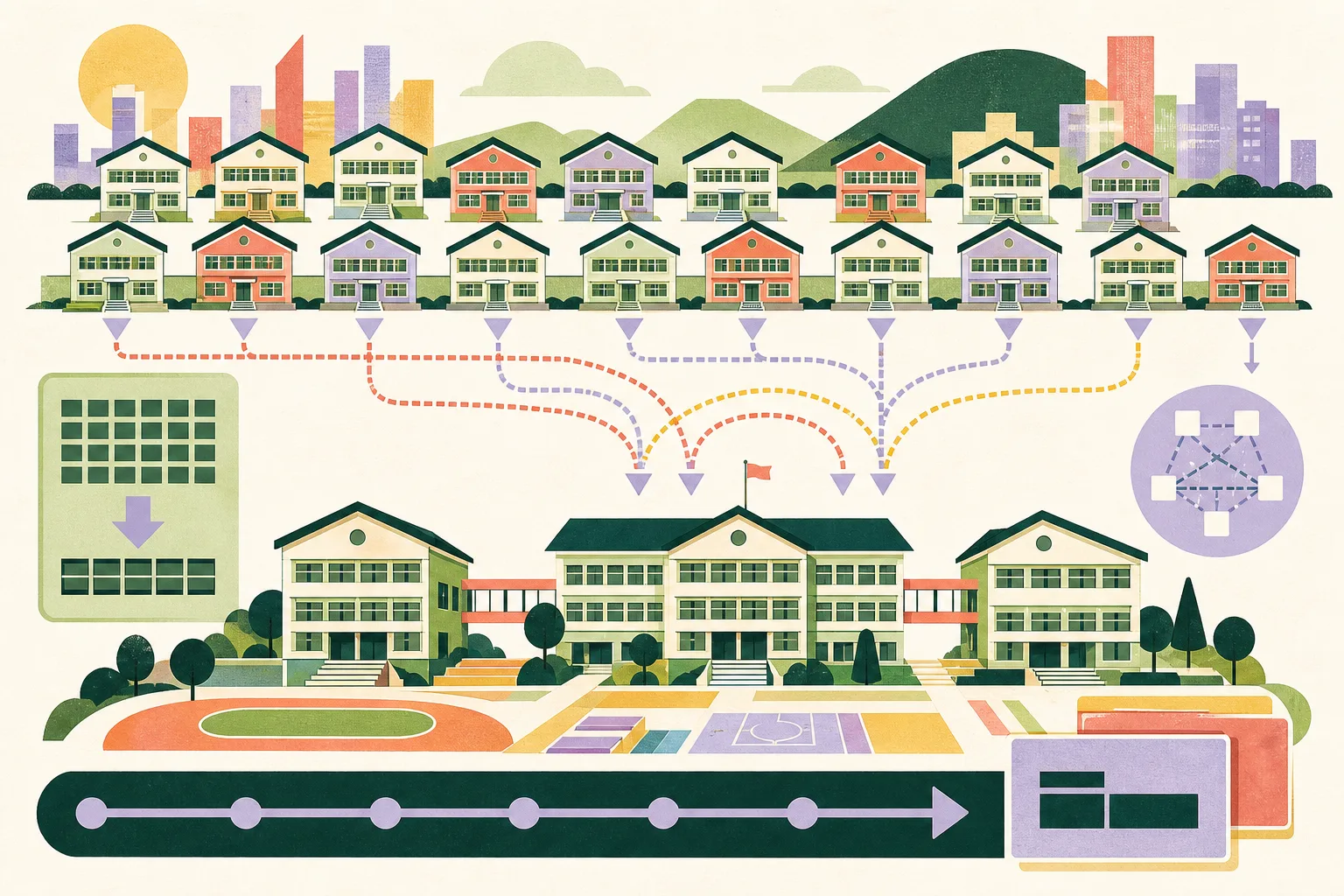 Flat collage of simplified school buildings arranged in smaller and larger classroom clusters, connected by geometric pathways and a multi-year planning band to suggest changing enrolment and possible campus reorganisation.