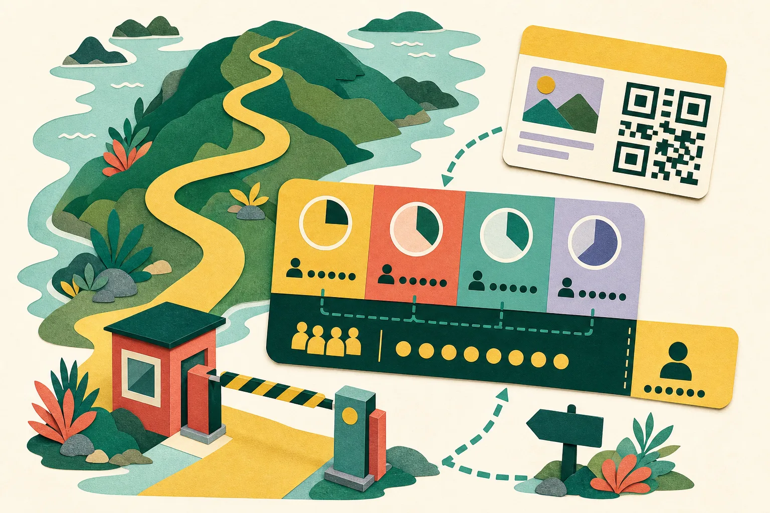 A flat, cut-paper diagram shows an abstract winding trail leading to an entrance checkpoint, beside a generic QR-marked booking card and four coloured time-slot bands arranged in a clear capacity system.